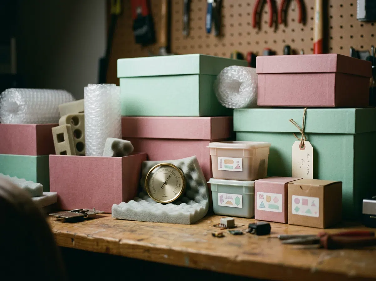 Overzicht van opbergmaterialen voor vintage elektronica: zuurvrij papier, schuimrubber, gelabelde dozen en meetinstrumenten