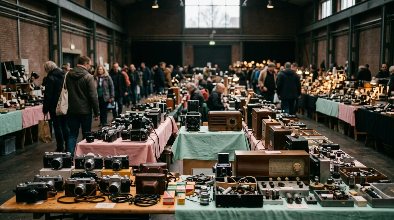 Panoramisch overzicht van een grote beursvloer met tafels vol vintage camera's, radio's en elektronische onderdelen