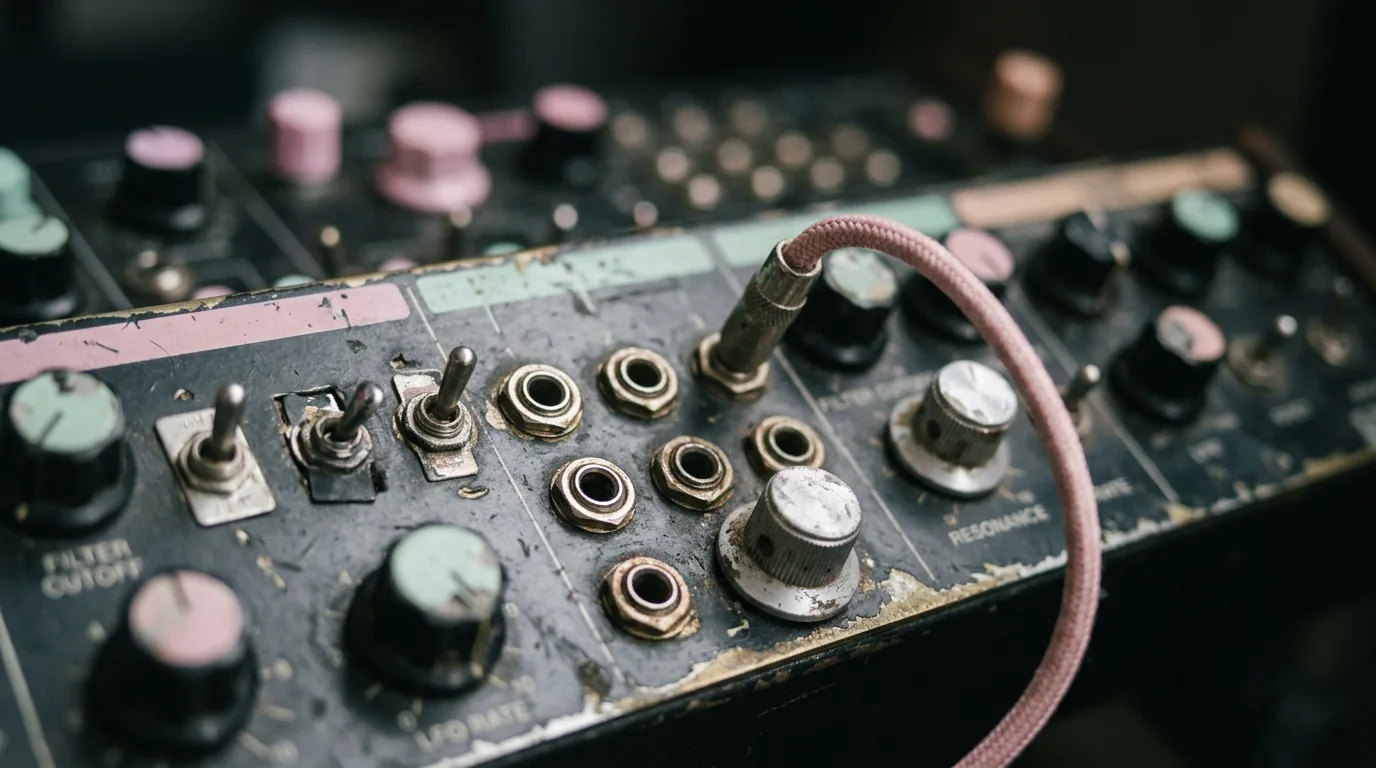 Close-up van de frontpaneel van een analoge synthesizer uit de jaren tachtig met patch-aansluitingen en slijtagepatroon