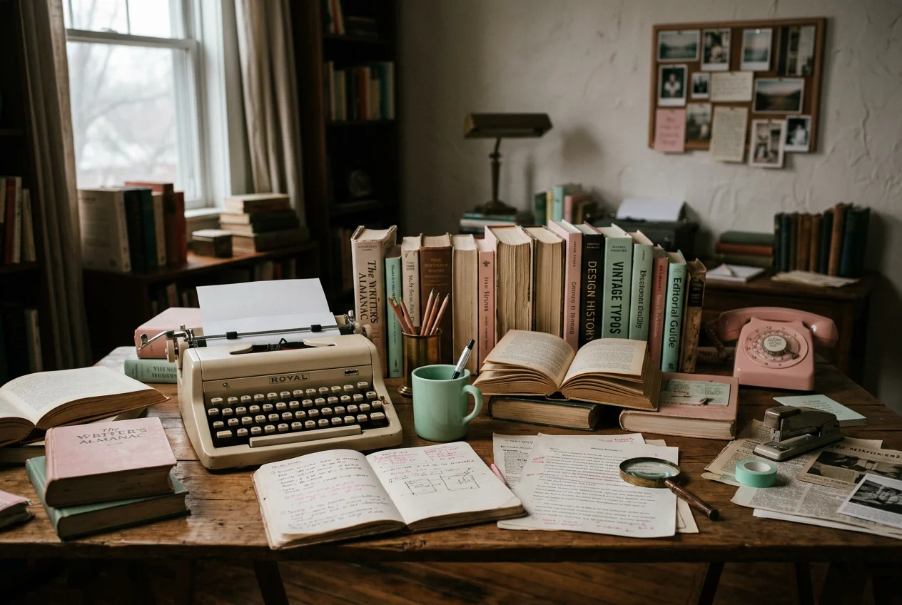 Redactieruimte ingericht met vintage apparaten, boeken en documentatiemateriaal in warm zijlicht