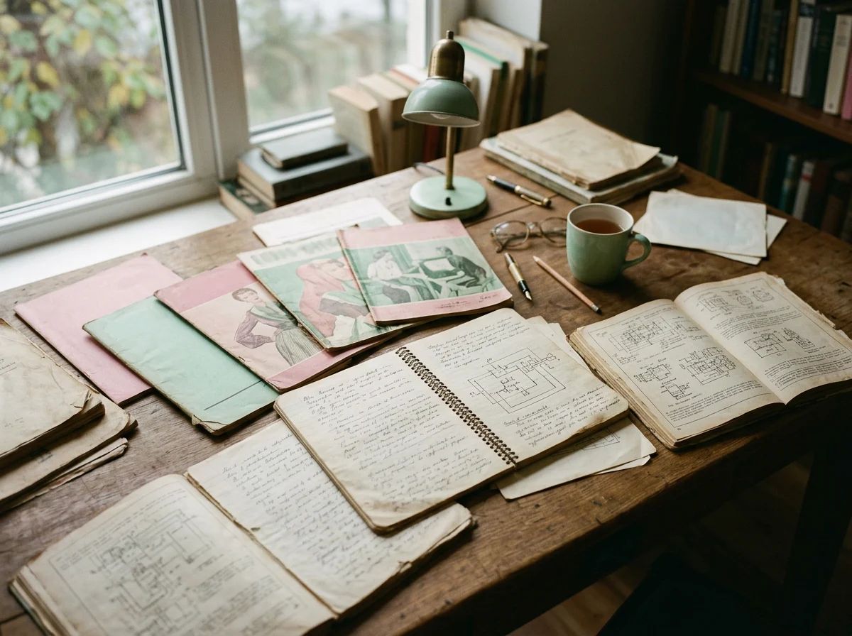 Werktafel met uitgebreide documentatie, vintage tijdschriften en onderzoeksmaterialen voor het vakblad