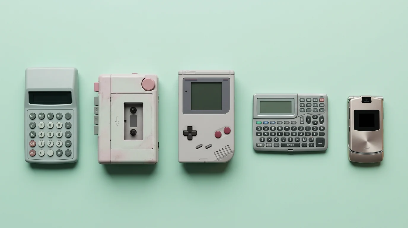 Rij draagbare elektronische apparaten van verschillende generaties zorgvuldig uitgestald op een helder oppervlak