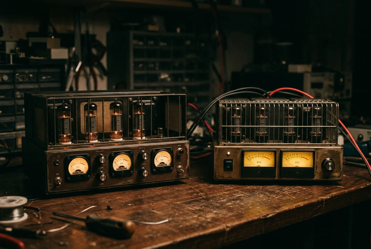 Twee vintage buizenversterkers naast elkaar opgesteld op een werkbank voor een restauratievergelijking