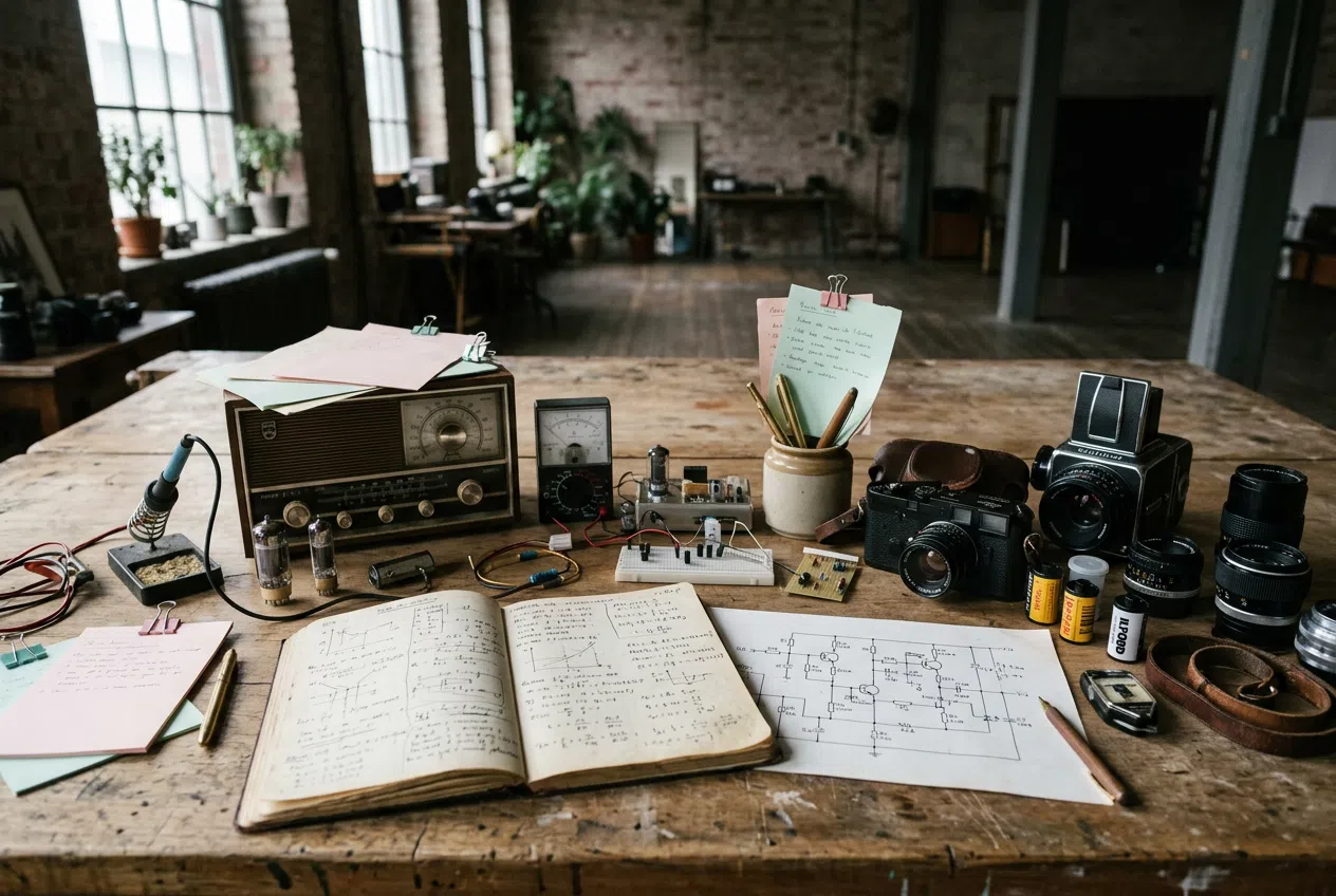 Overzicht van de redactieomgeving met vintage apparaten, notitieboekjes, schema's en fotoapparatuur op een brede werktafel